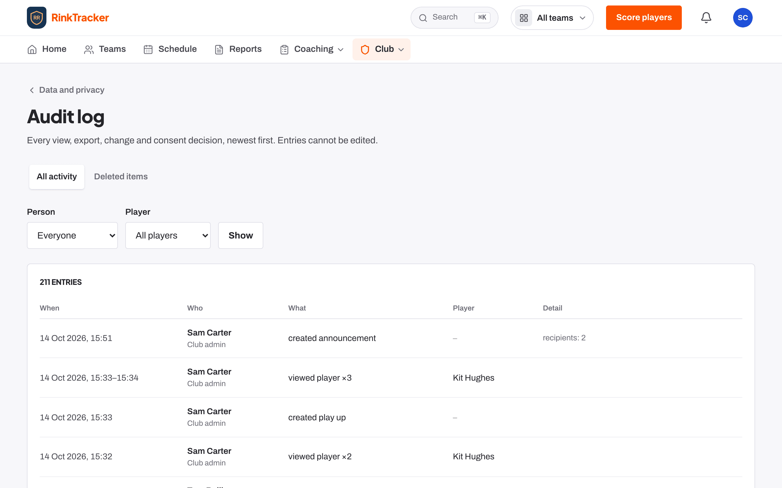 The audit log: every view, export, change and consent decision, newest first.