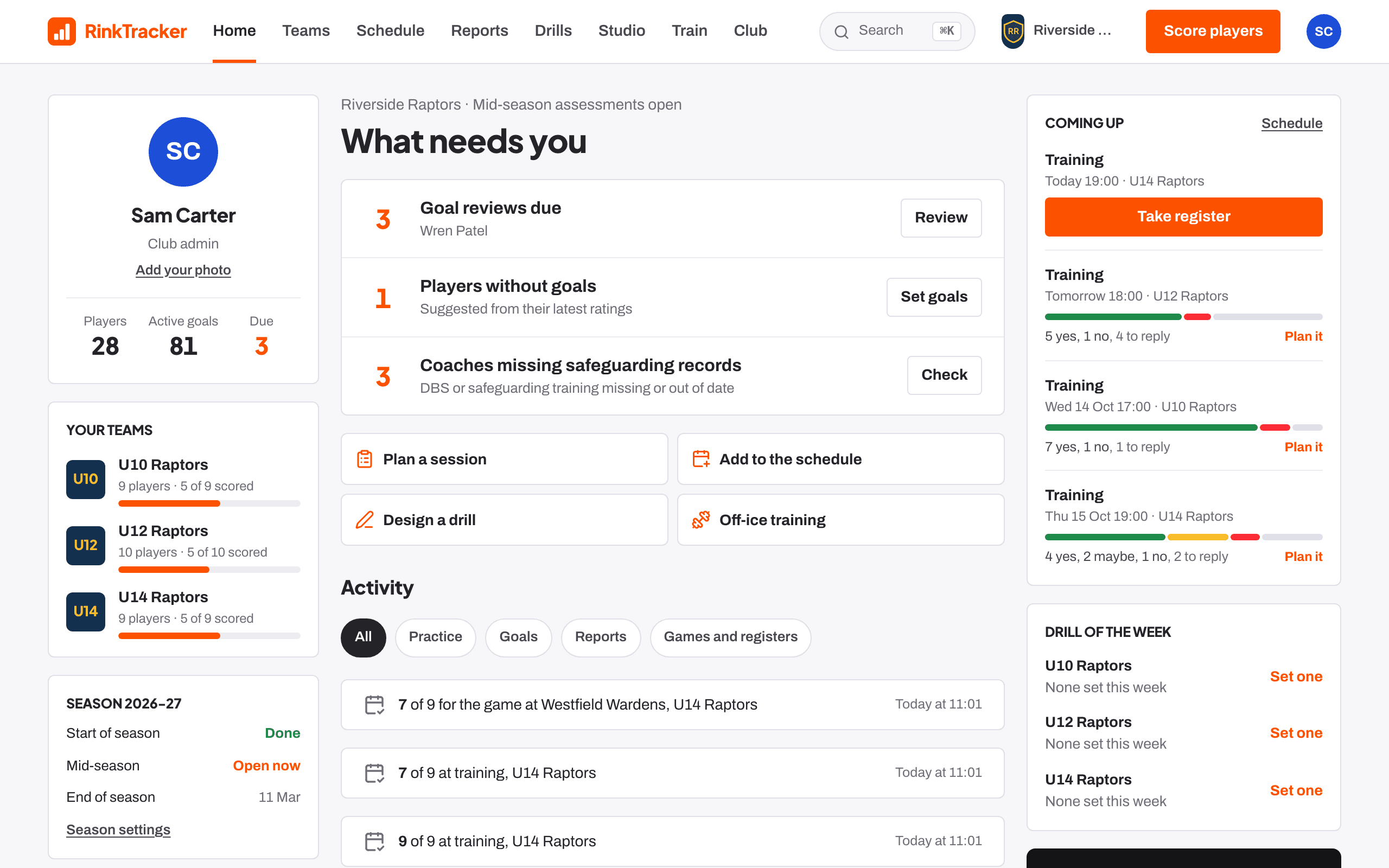 A coach's home page with What needs you, their teams, what is coming up and the activity feed.