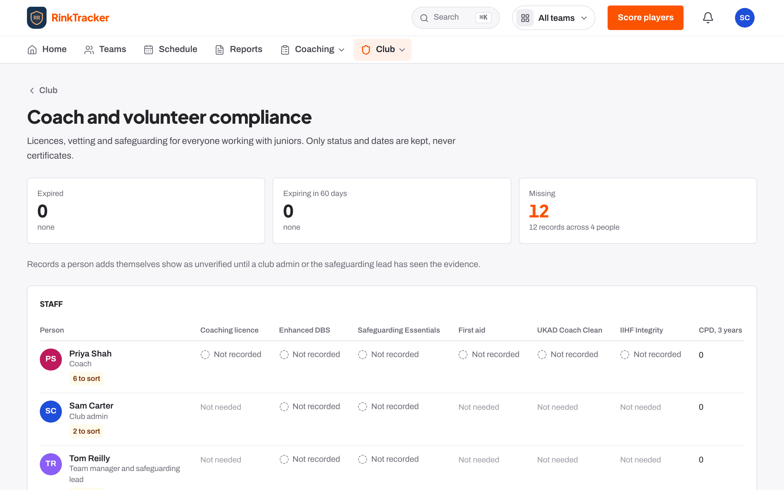 Coach and volunteer compliance: licences, vetting and training for every member of staff.