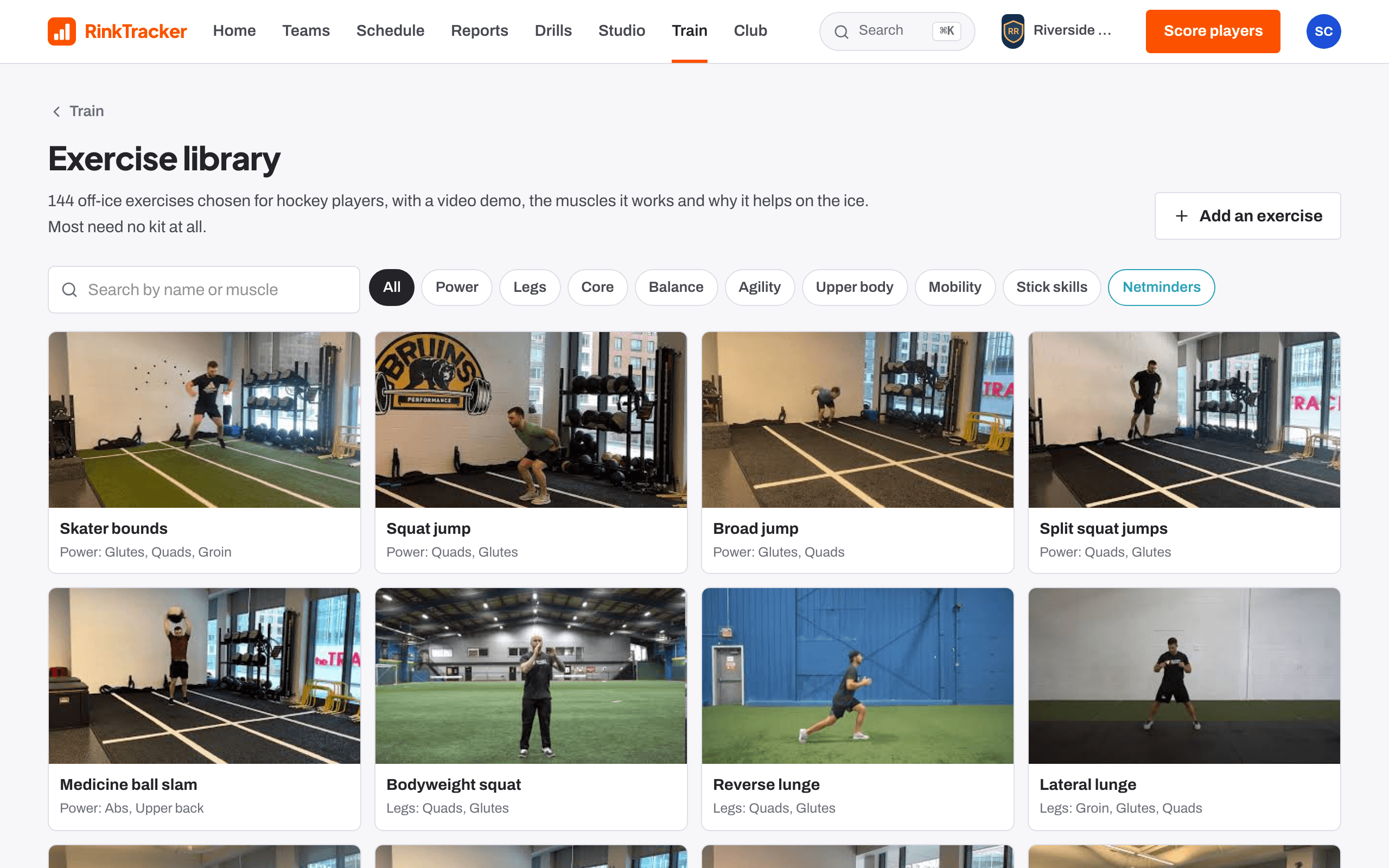 The exercise library: one hundred and forty-four exercises as video stills, filtered by category or search.