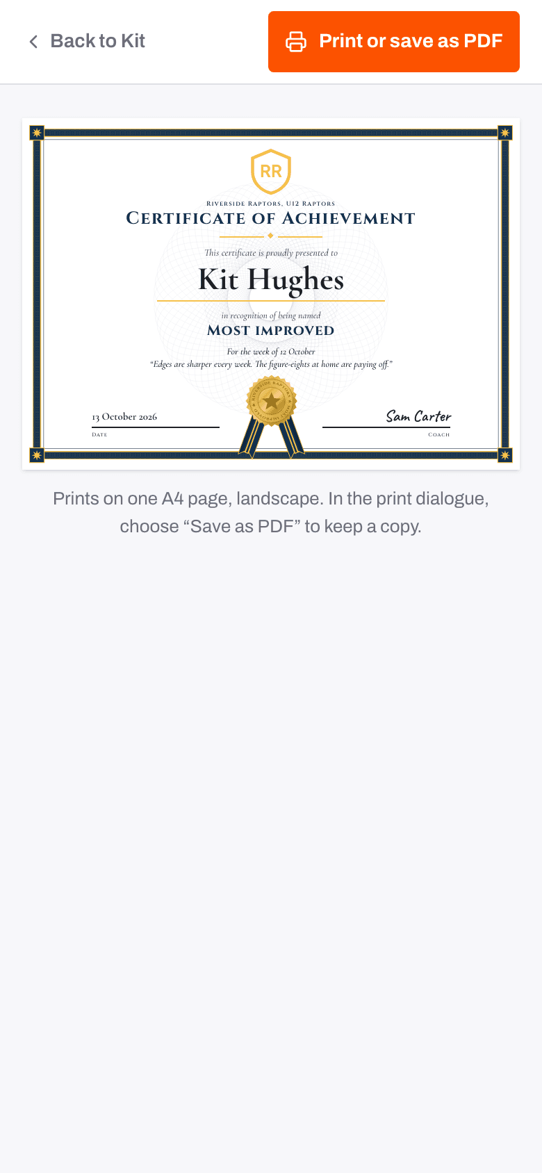 A certificate of achievement on a phone, ready to print or save as a PDF.