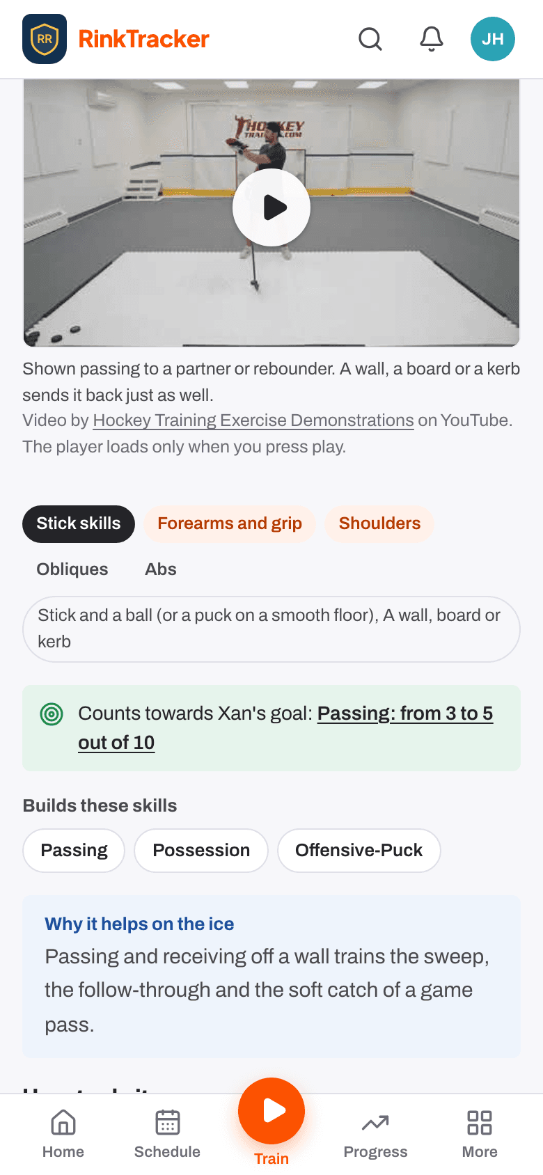 An exercise on a phone: the video demo, the goal it counts towards and the skills it builds.