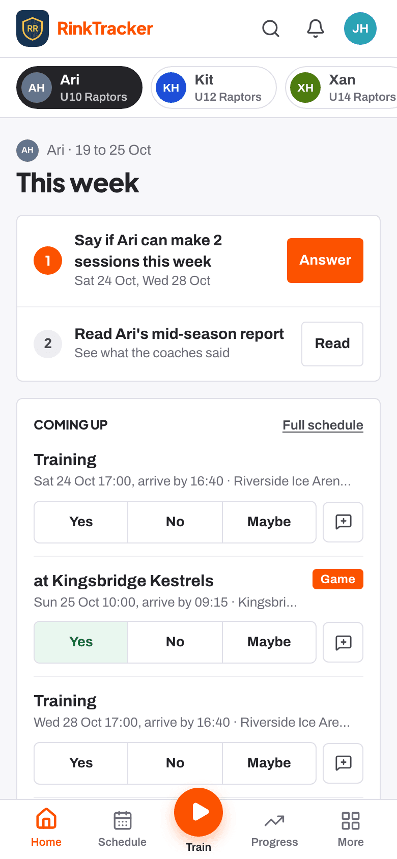 A parent's home screen: what to do next, from reading a report to saying who can make the next sessions.