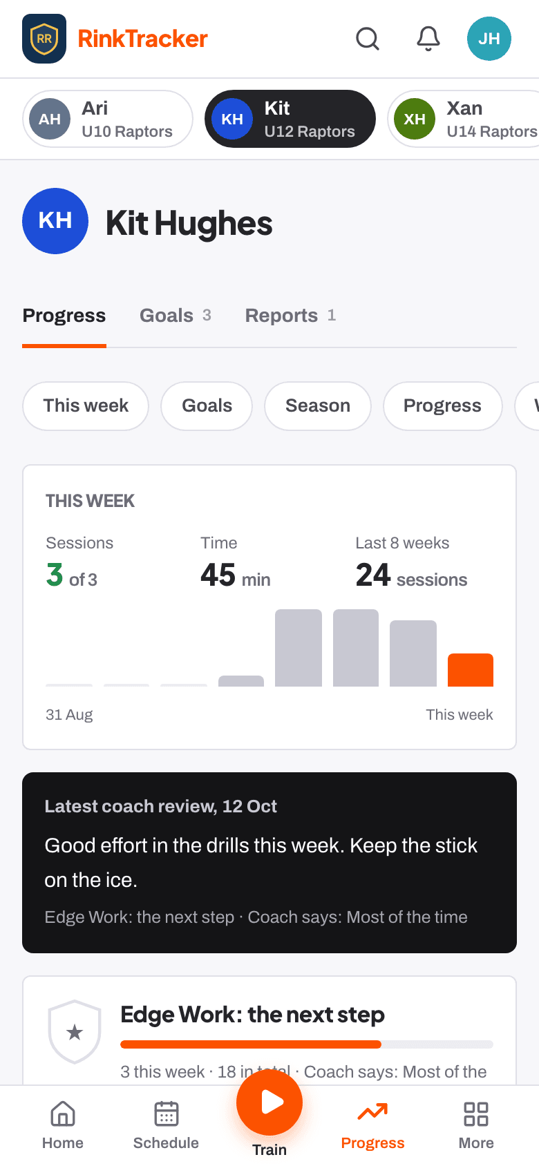 A child's progress on a phone: practice this week, the coach's latest review and the goals being worked on.