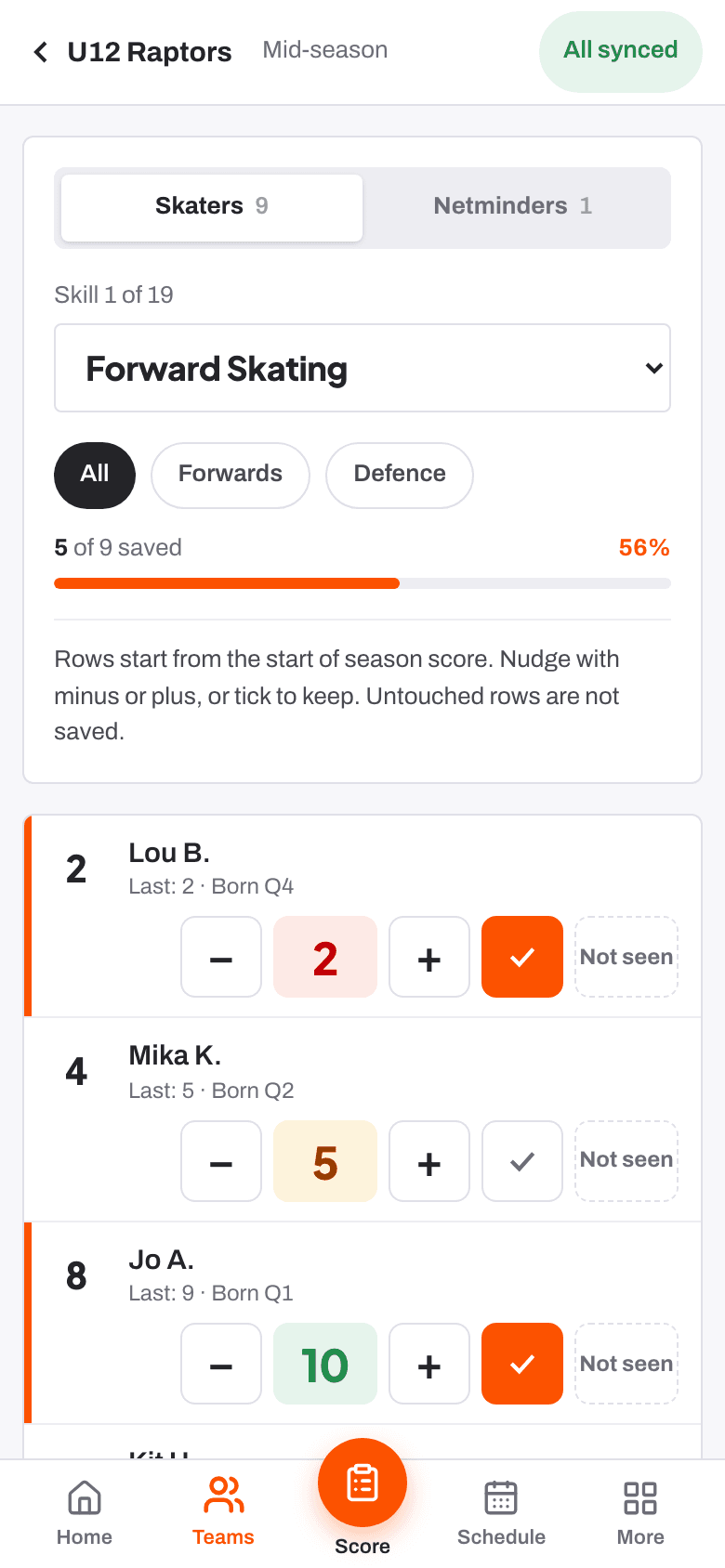 Scoring on a phone at the boards, saved on the phone and synced when the signal comes back.