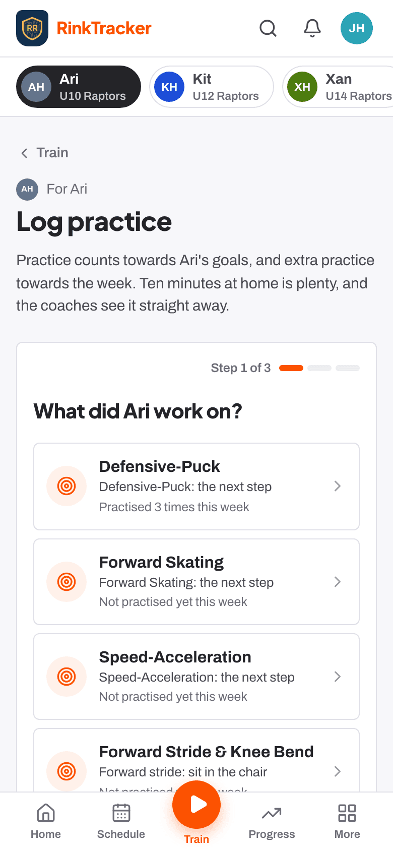 Logging practice on a phone, step one: choosing which goal it was for.