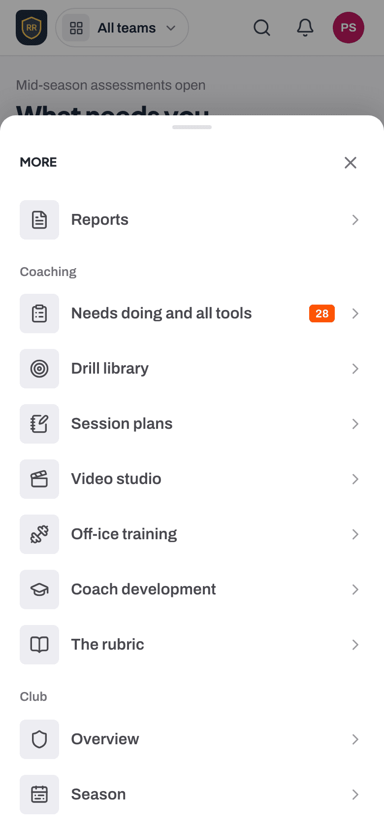 The More menu on a coach's phone: Reports, coaching tools from the drill library to the video studio, and the club.