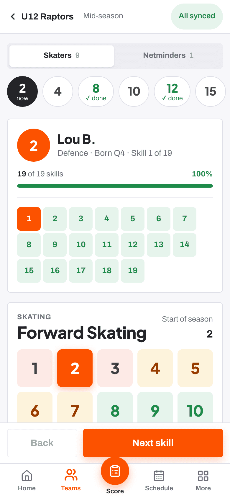 Scoring a player at the boards on a phone, on the 1 to 10 scale.