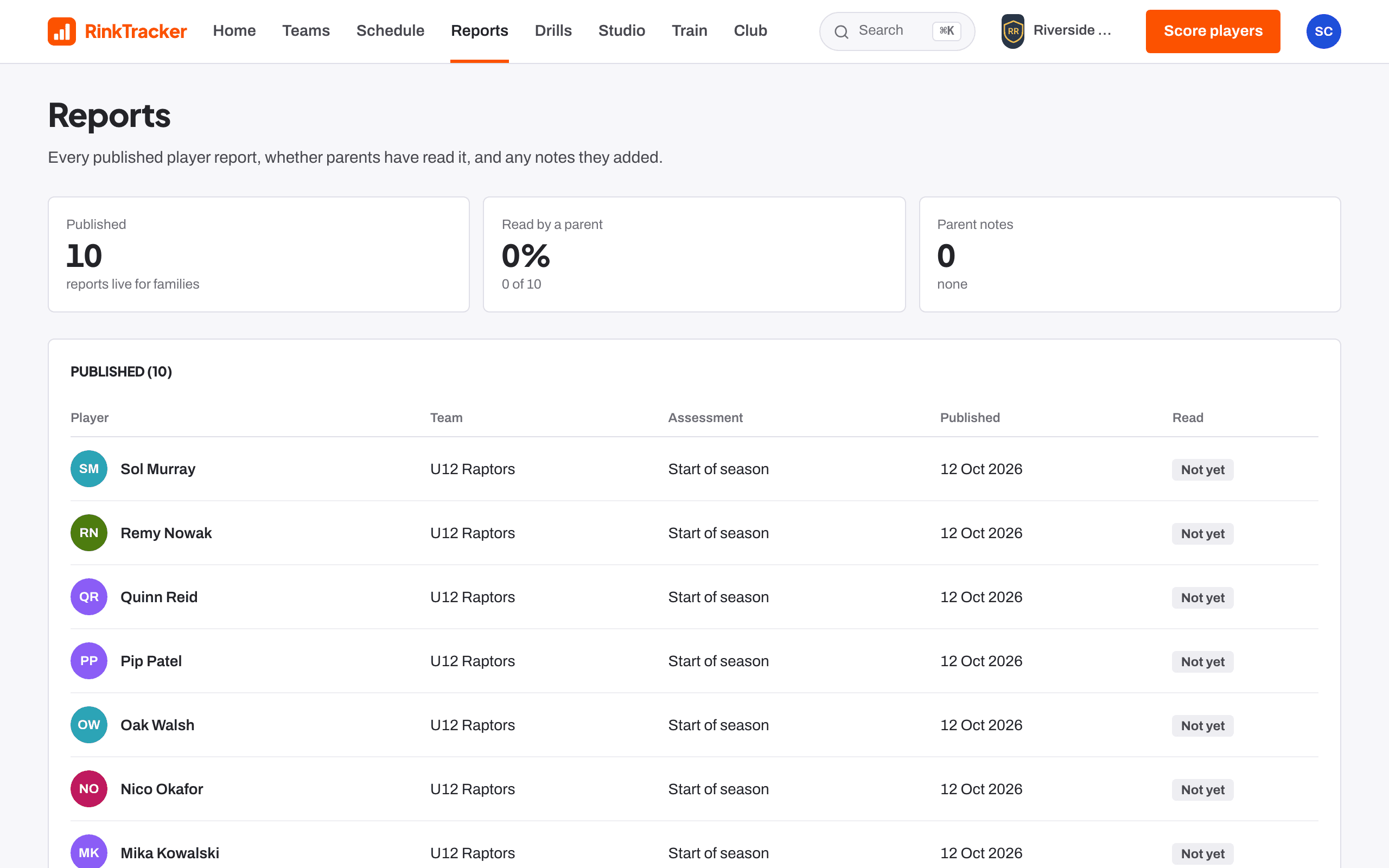 The Reports page: every published report, which team and assessment it's for, and whether the family has read it.
