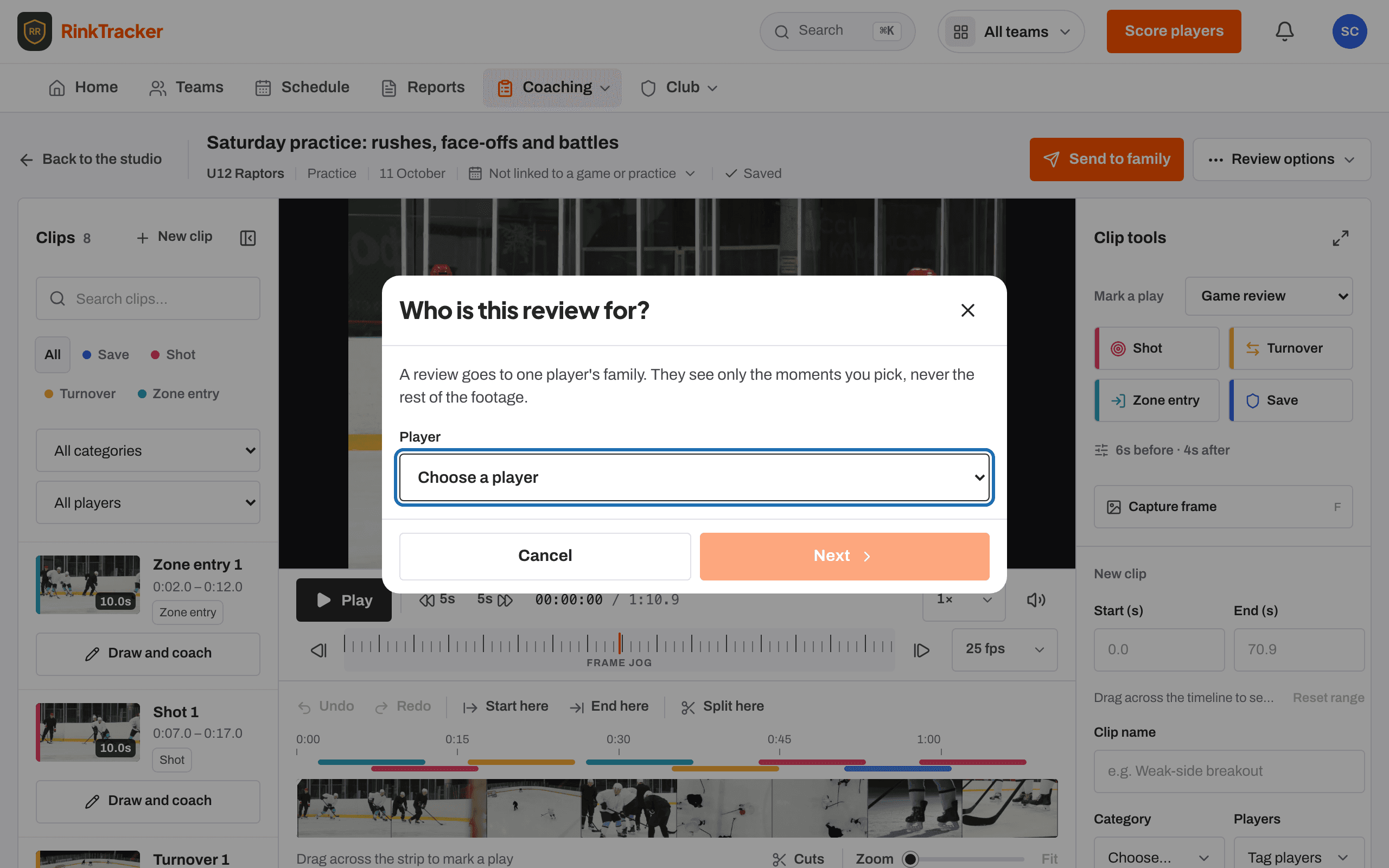 Sending a coached review: choose the player, then the moments to send.