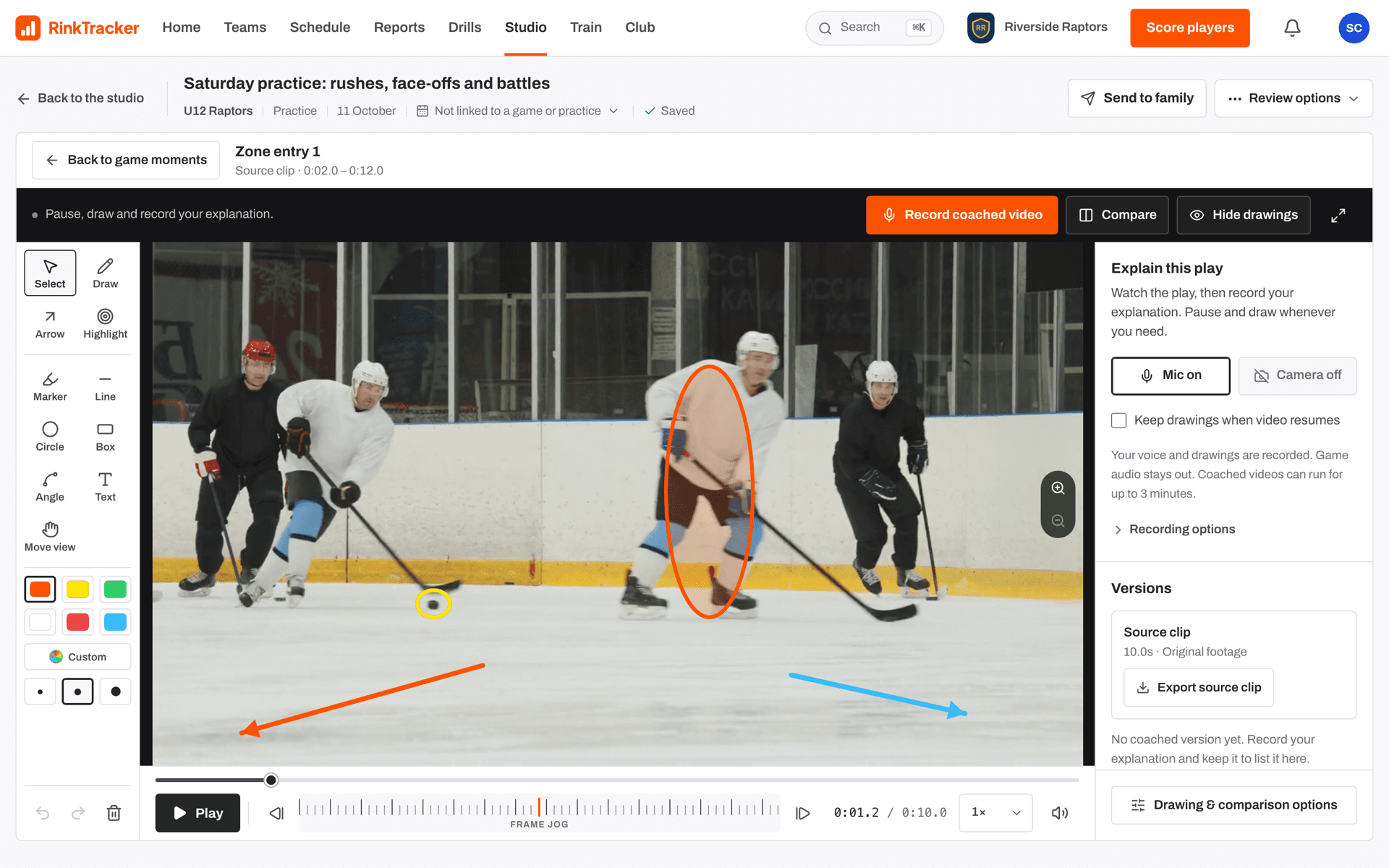 Drawing on a paused play: the puck carrier highlighted, the puck ringed and arrows for the lanes.