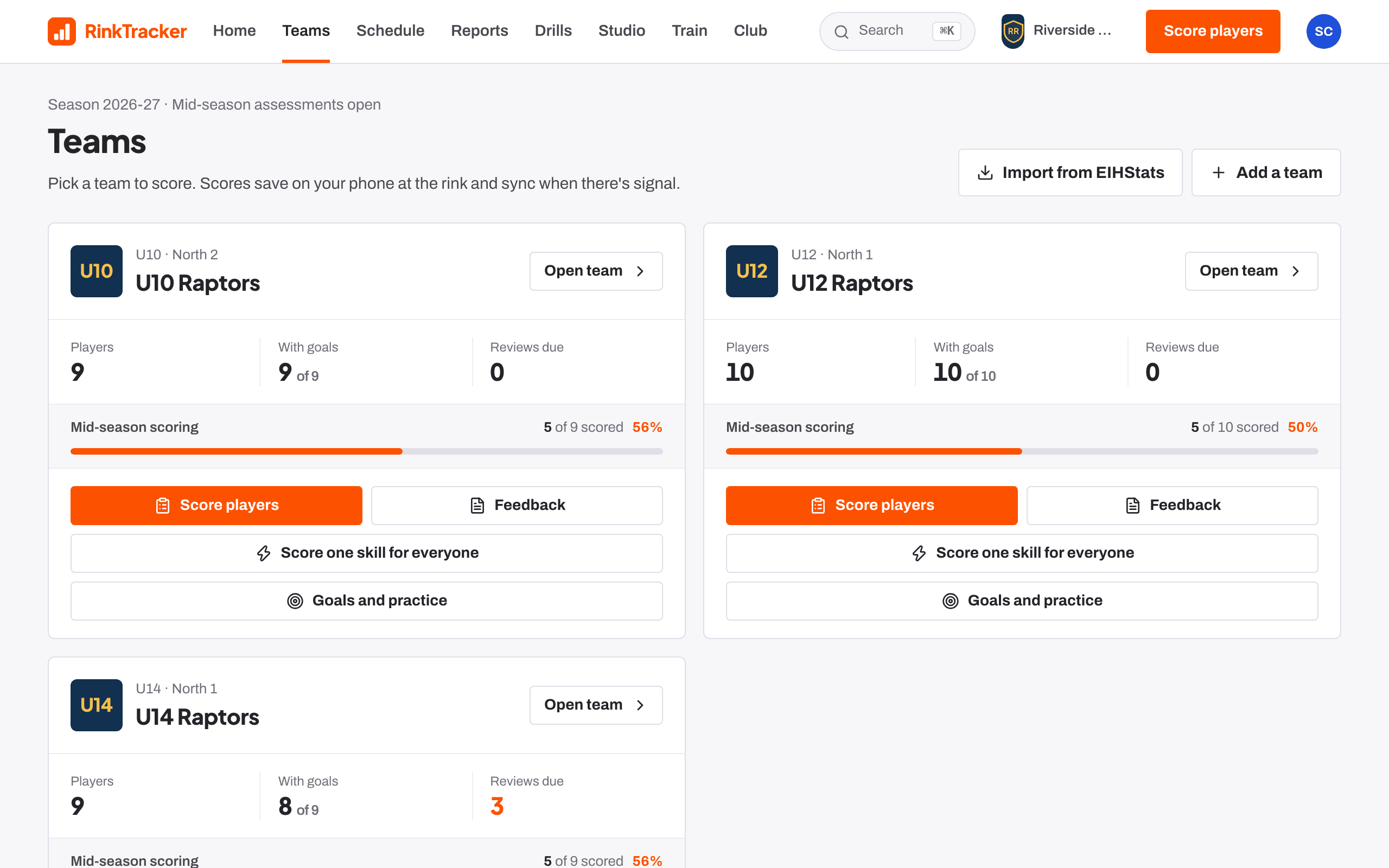 The Teams page: each team with players, goals, reviews due and scoring progress.