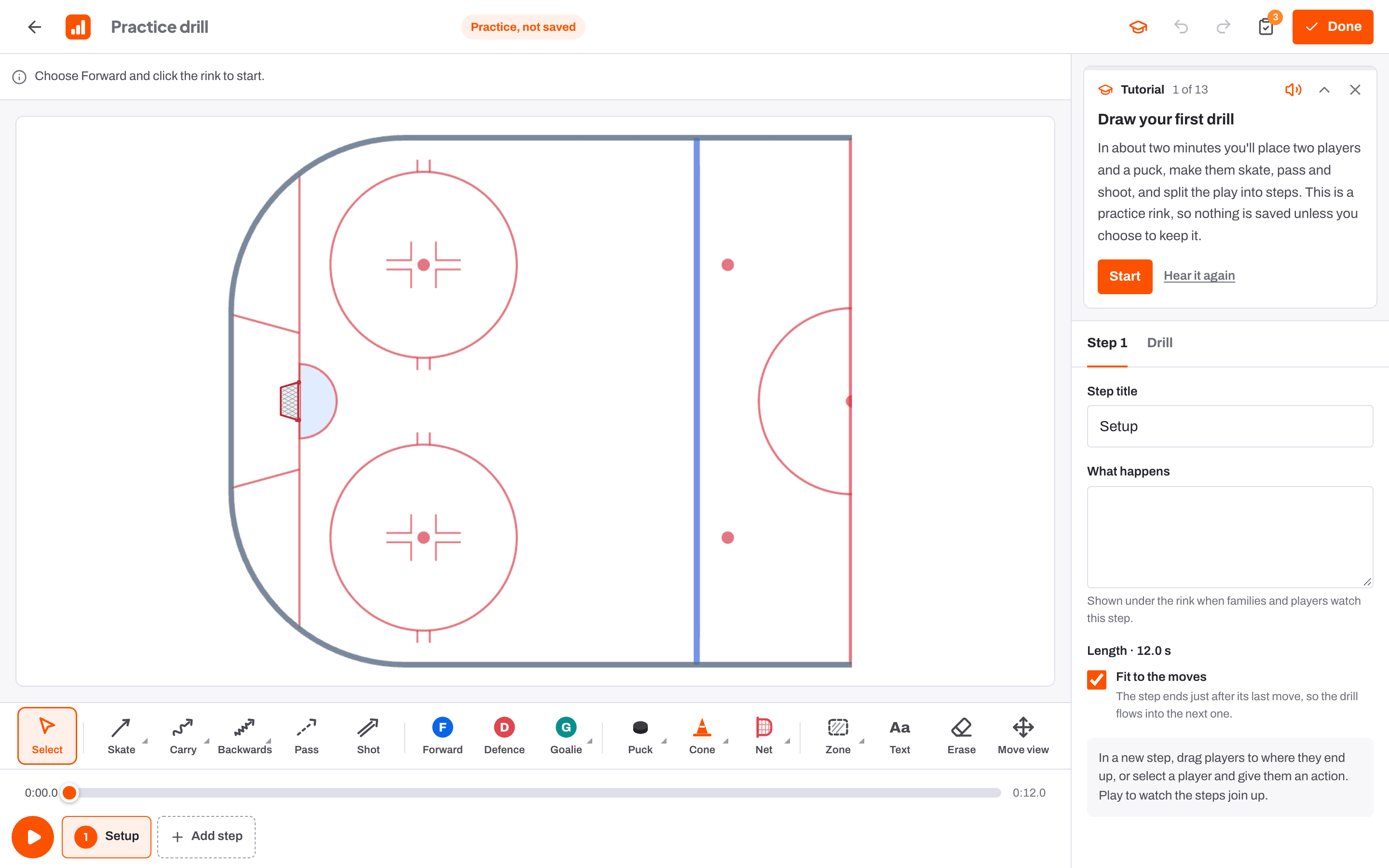 The spoken tutorial on a practice rink: draw your first drill in about two minutes.