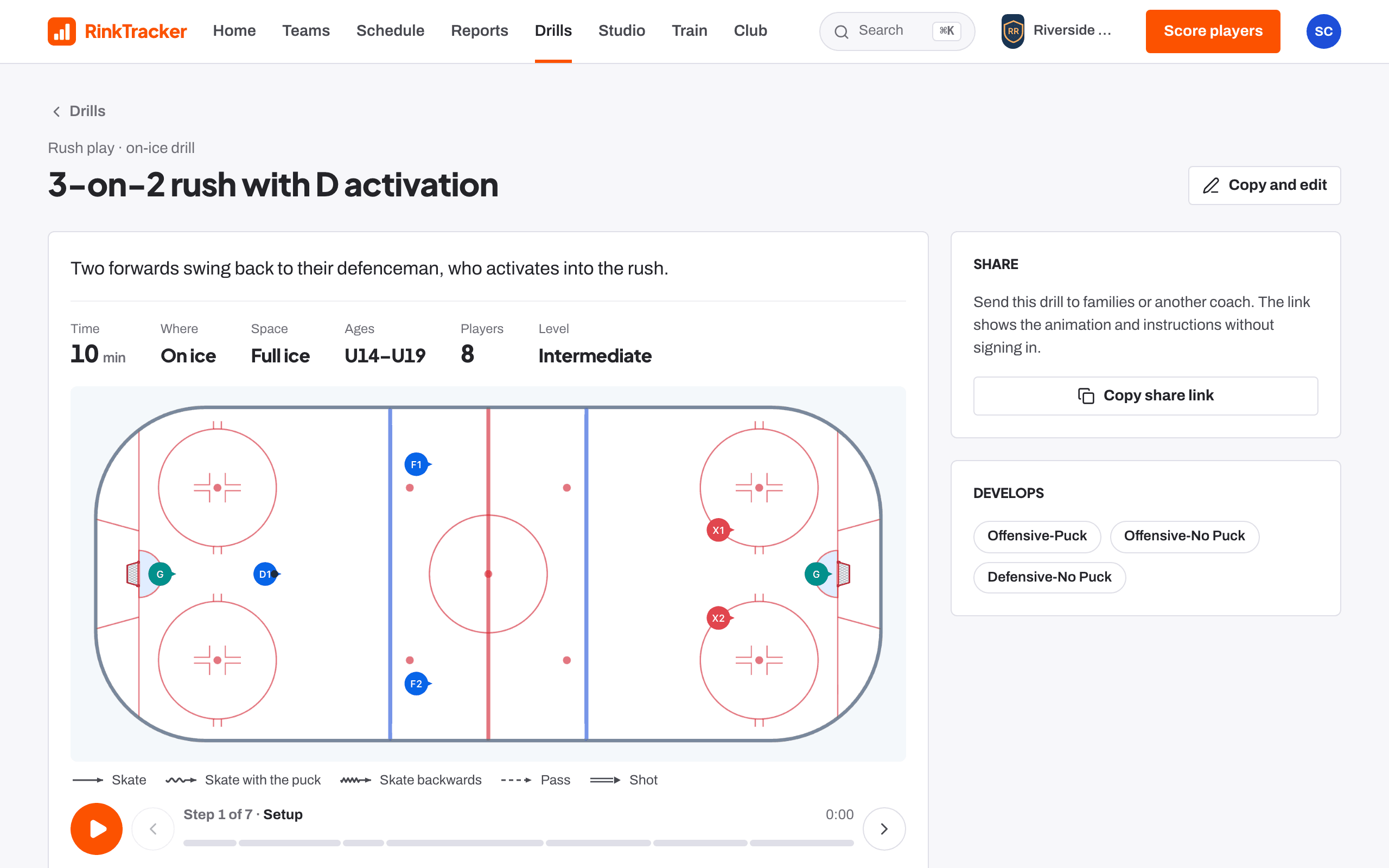 A drill page: the animated rink diagram, time, ages, players and share link.