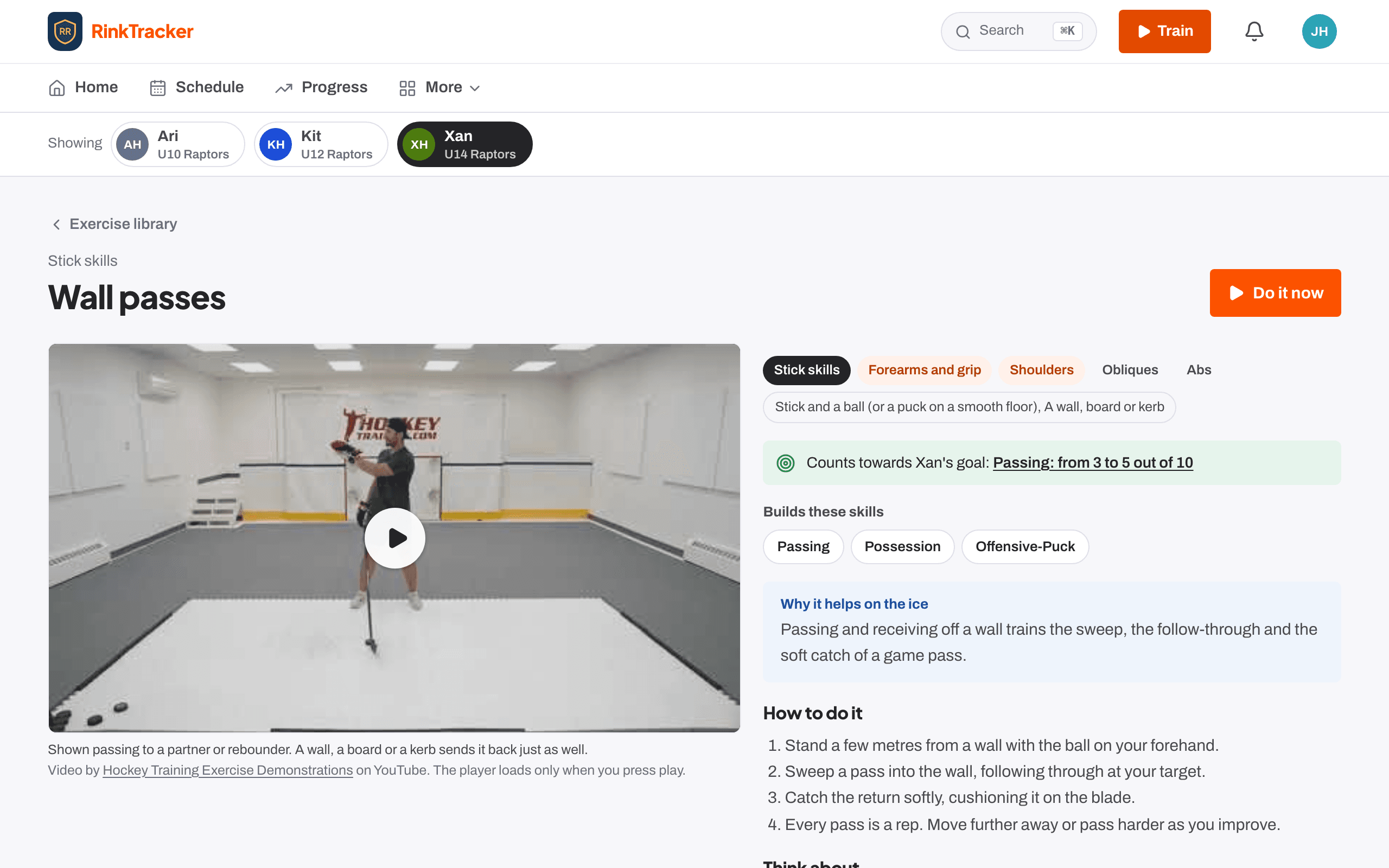 An exercise page: the video demo, the goals it counts towards and how to do it.