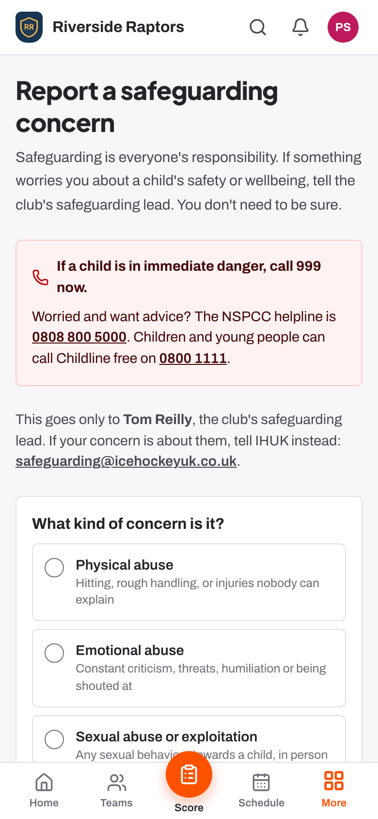 Reporting a concern on a phone: emergency numbers first, and who it goes to.