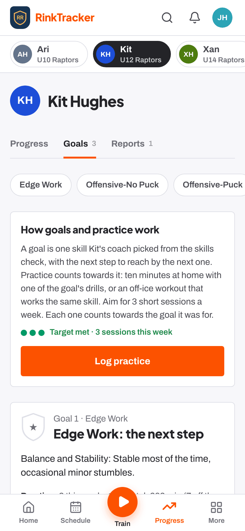 A child's goals on a phone, with the practice logged against each.