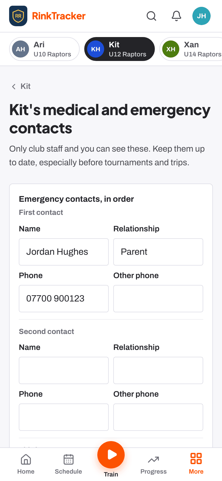 A child's medical details and emergency contacts.