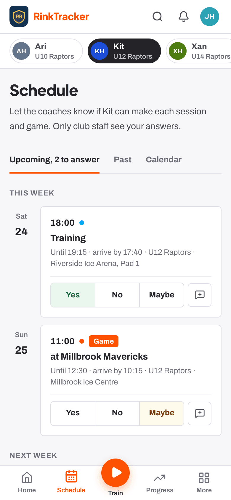 A family's schedule on a phone, answering Yes, No or Maybe for each session.