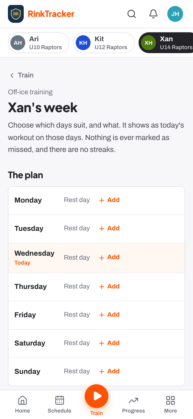 The week's off-ice plan on a phone: rest days and training days, with no streaks.