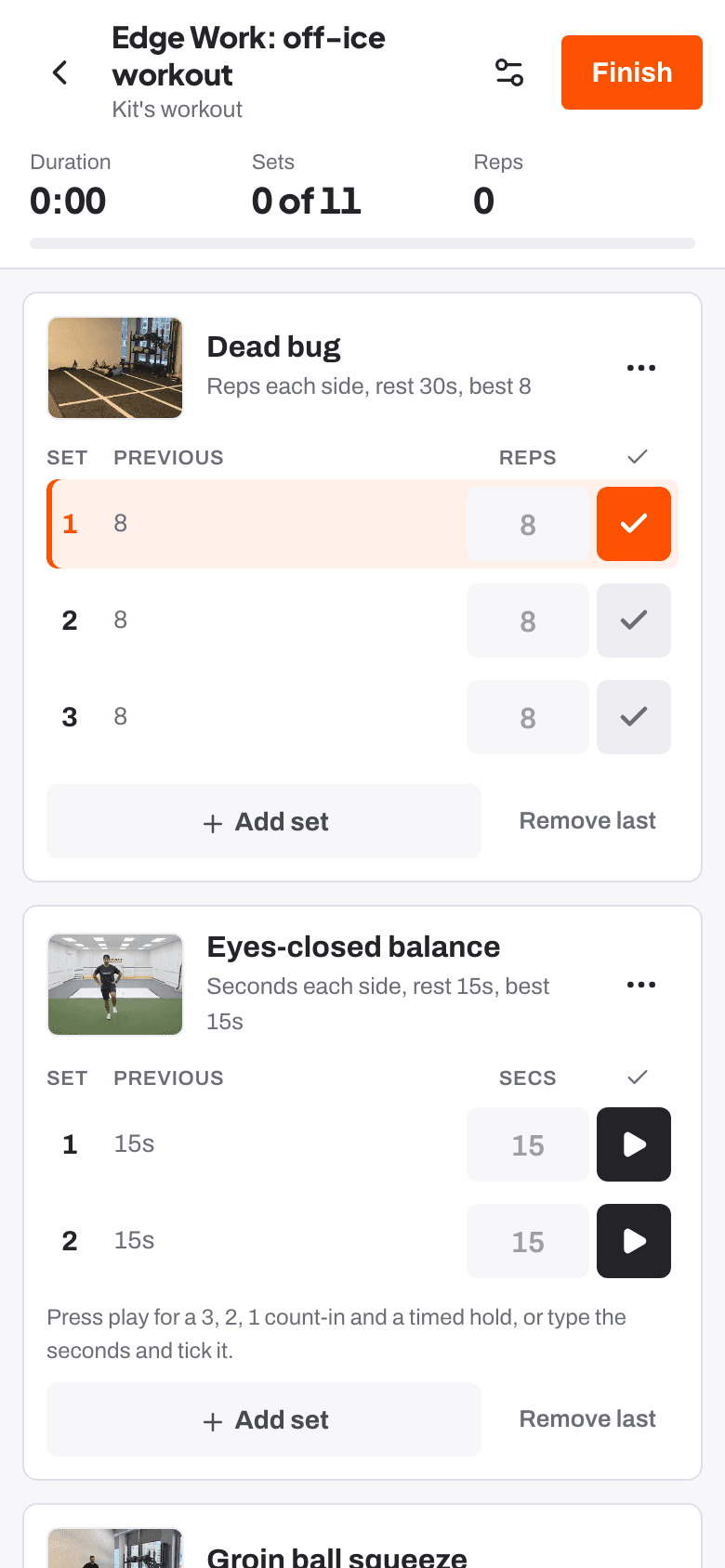 Logging a workout on a phone: each exercise, its sets and the target.