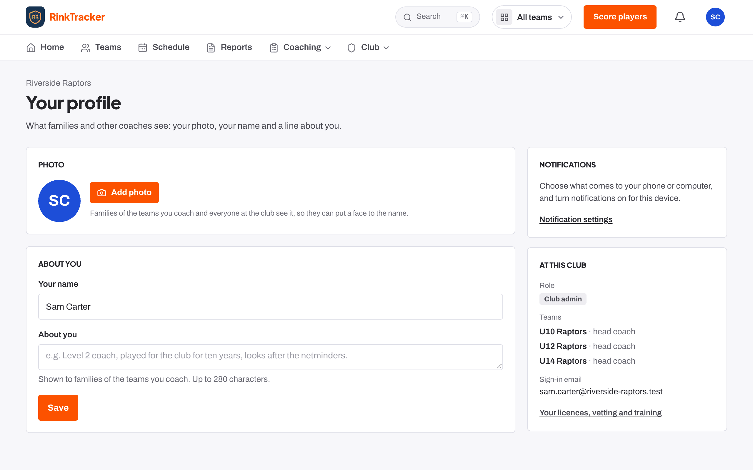 Your profile: photo, name, notifications and your teams.
