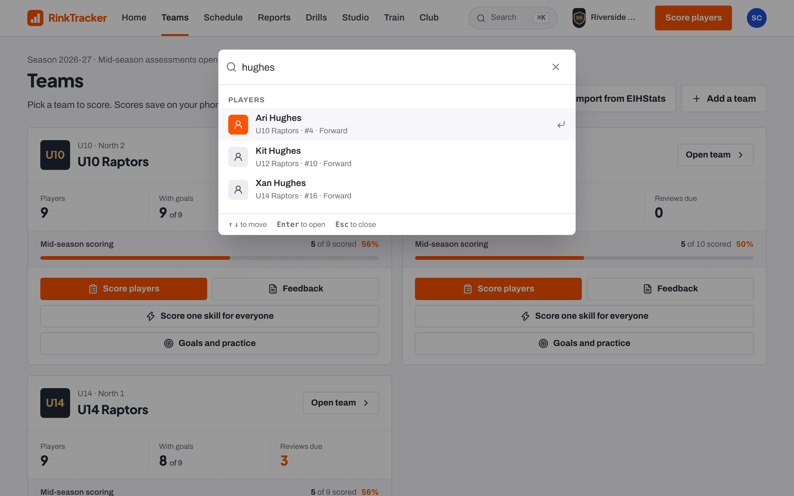 Search: finding players by name from anywhere with Ctrl or Cmd and K.