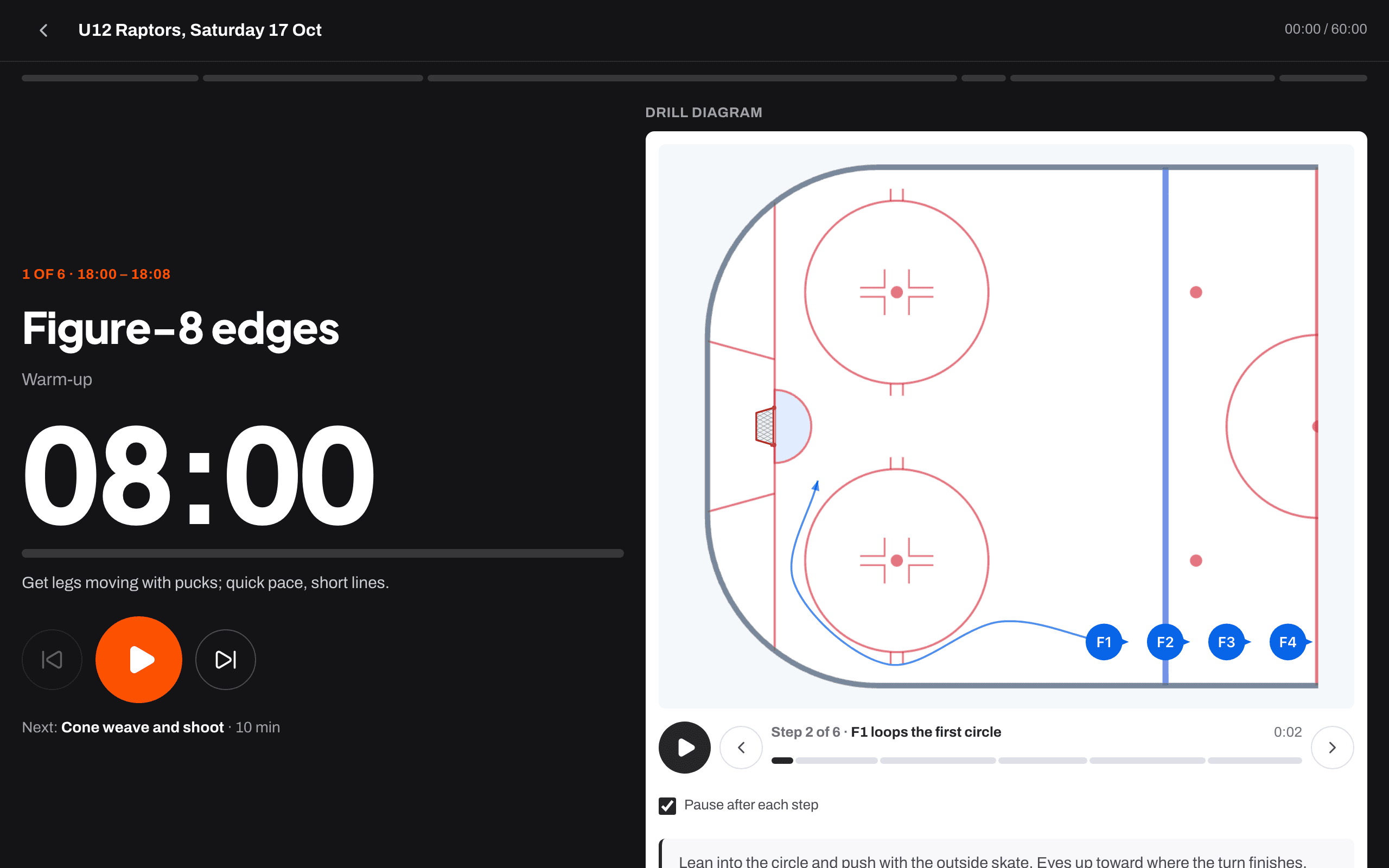 Running a session from the bench: a big countdown with the drill animating beside it.