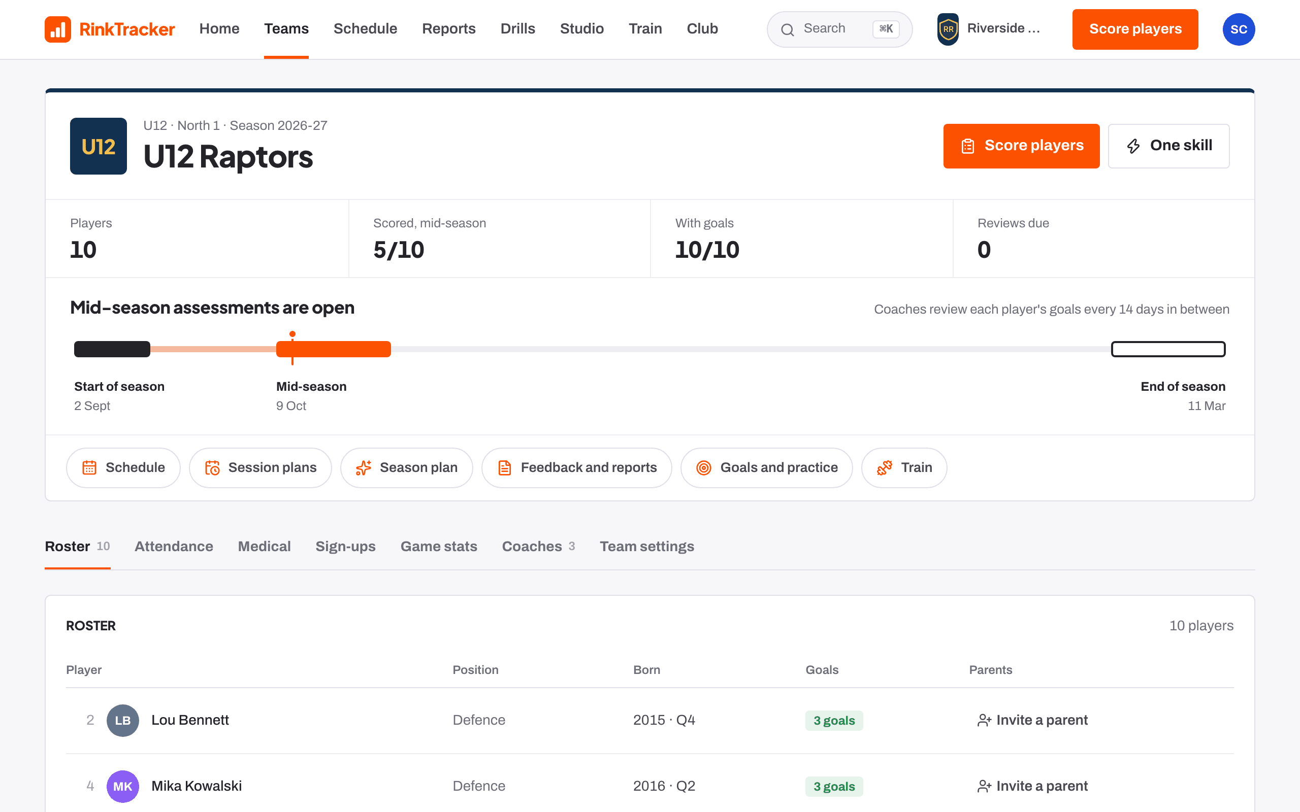 A team page: the roster, the season's skills checks and the team's tools.